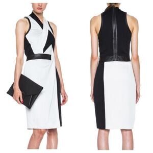 Helmut Lang Dress Twisted Drape Grained Viscose Leather Trim Black White 2